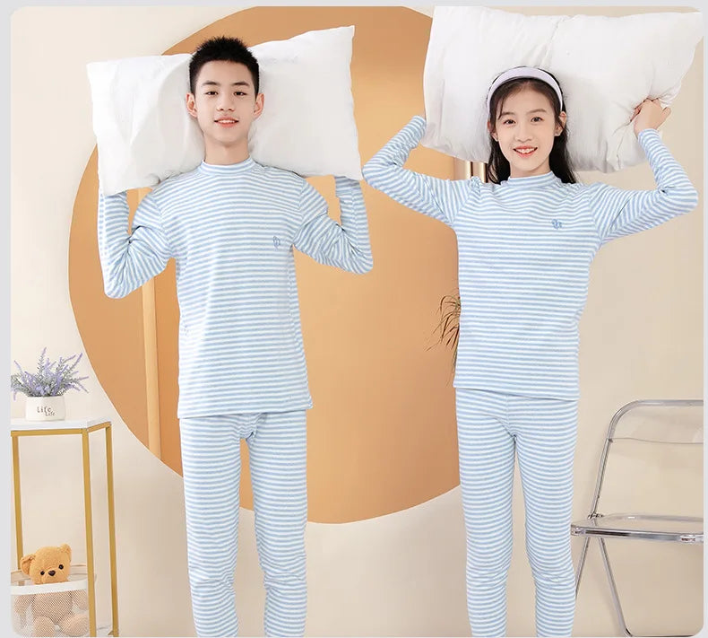 Thermal Underwear for Boys Cotton Thicken Warm Autumn Winter Teenage Children Underwears Set Solid Two Pieces Girls Clothing Set