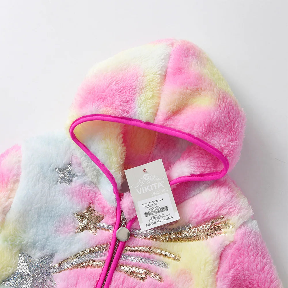 VIKITA Girl Autumn Spring Clothes Children Fleece Jacket Kids Star Sequined Wool Sweater Coat Jackets Children Clothing 3-12 Yrs