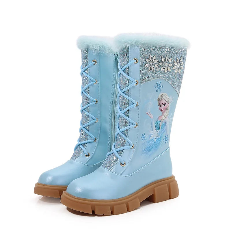 Disney Girls' Princess Elsa Frozen Boots Children's Long Sleeve Boots Women's Cotton Winter Plush Thickened High Sleeve Boots