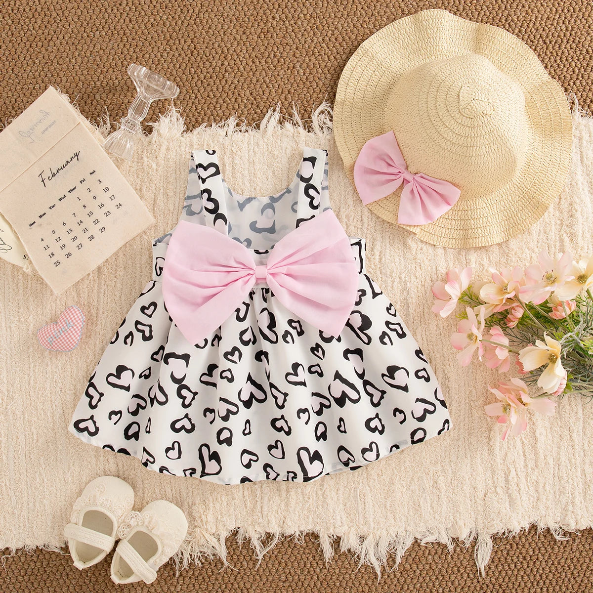 Summer New Sweet Bow Baby Girl Dress, Cute And Caring Children'S Clothes With Free Hat Suitable For Babies Aged 6-24 Months