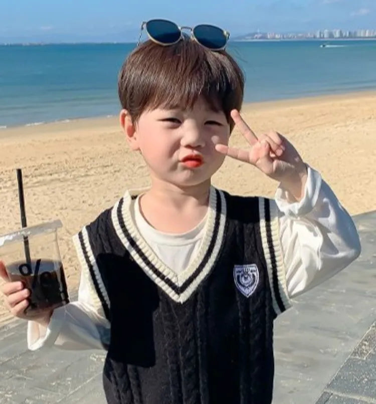 Boys' Knit Vest 2025 Spring Autumn New Preppy Style Kids' Outerwear Trendy Baby Boy Vest for School Casual Wear