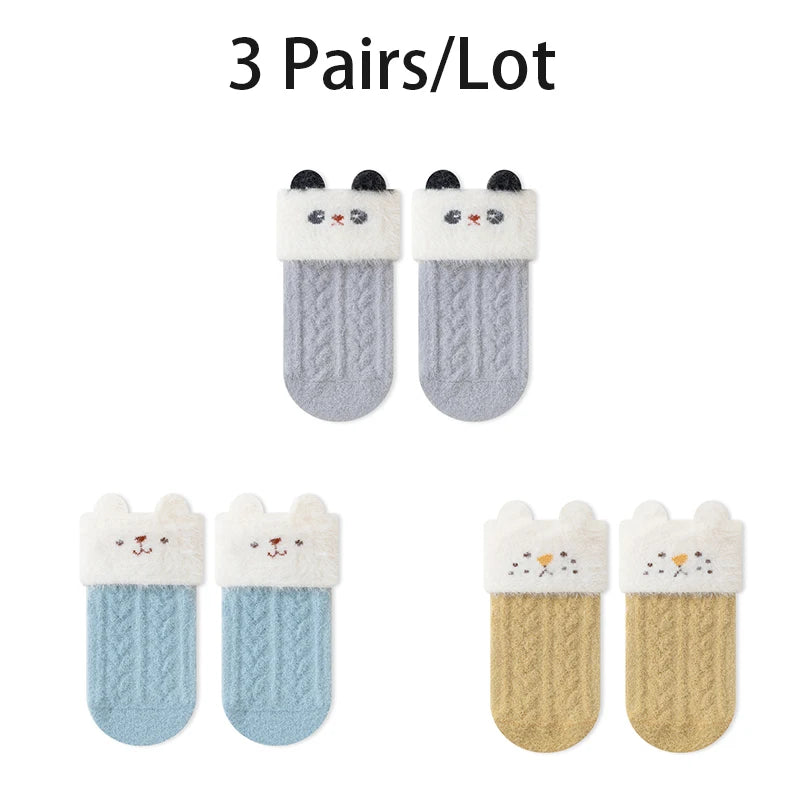3/6 Pairs Children'S Socks Solid Color Cartoon Kids Mid-Tube Socks Winter Warmth Newborn Socks For Boys And Girls