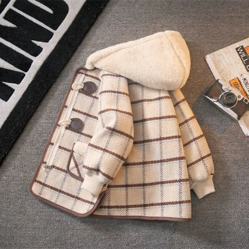 Boys Winter Wool Coat 2025 New Style Kids Thickened Fleece Lined Plaid Wool Jacket Thick Winter Clothing