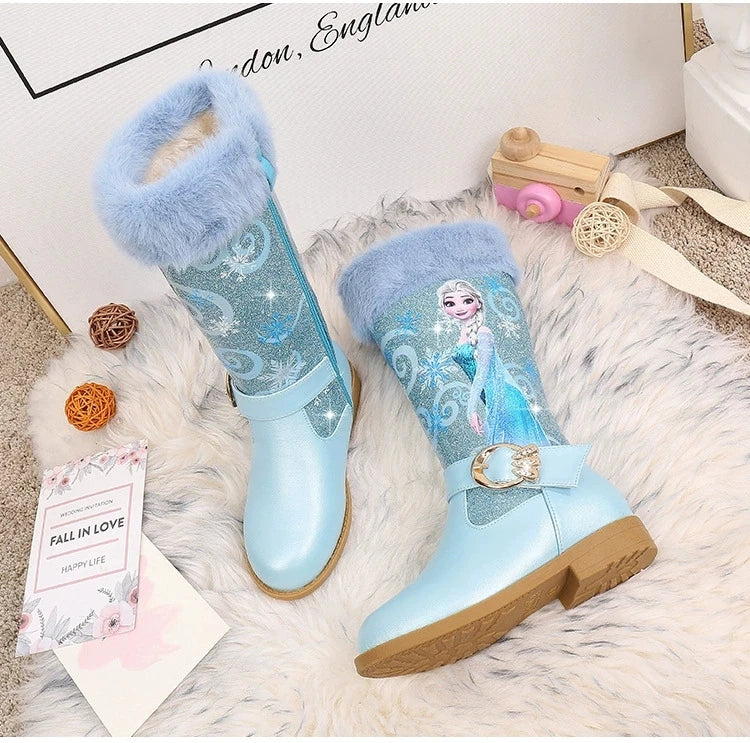 Disney Girls' Leather Boots Winter Cartoon Frozen Boots Zipper High Plush Princess Elsa Boots Warm Children's Boots Size 25-36