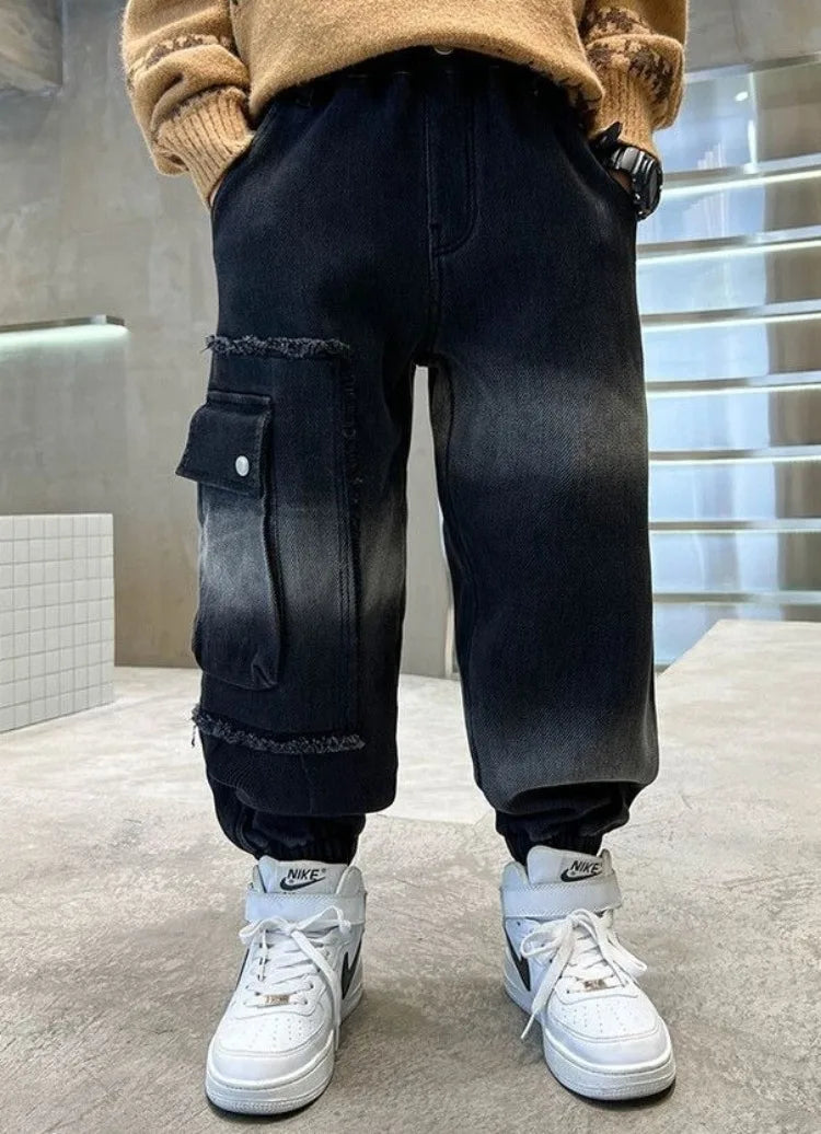 2025 Boys' Cargo Pants All-Season Washed Tie-Dye Denim Long Pants Trendy Casual Style