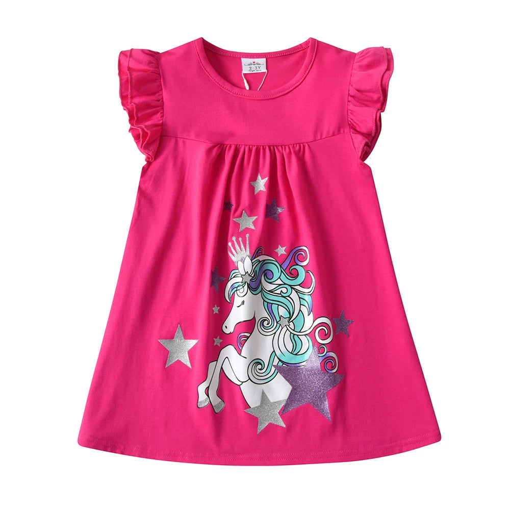 DXTON Summer Girls Dresses Unicorn Children Flying Sleeve Dress Cartoon Toddlers Casual Straight Dresses Kids Clothing 3-12 Year