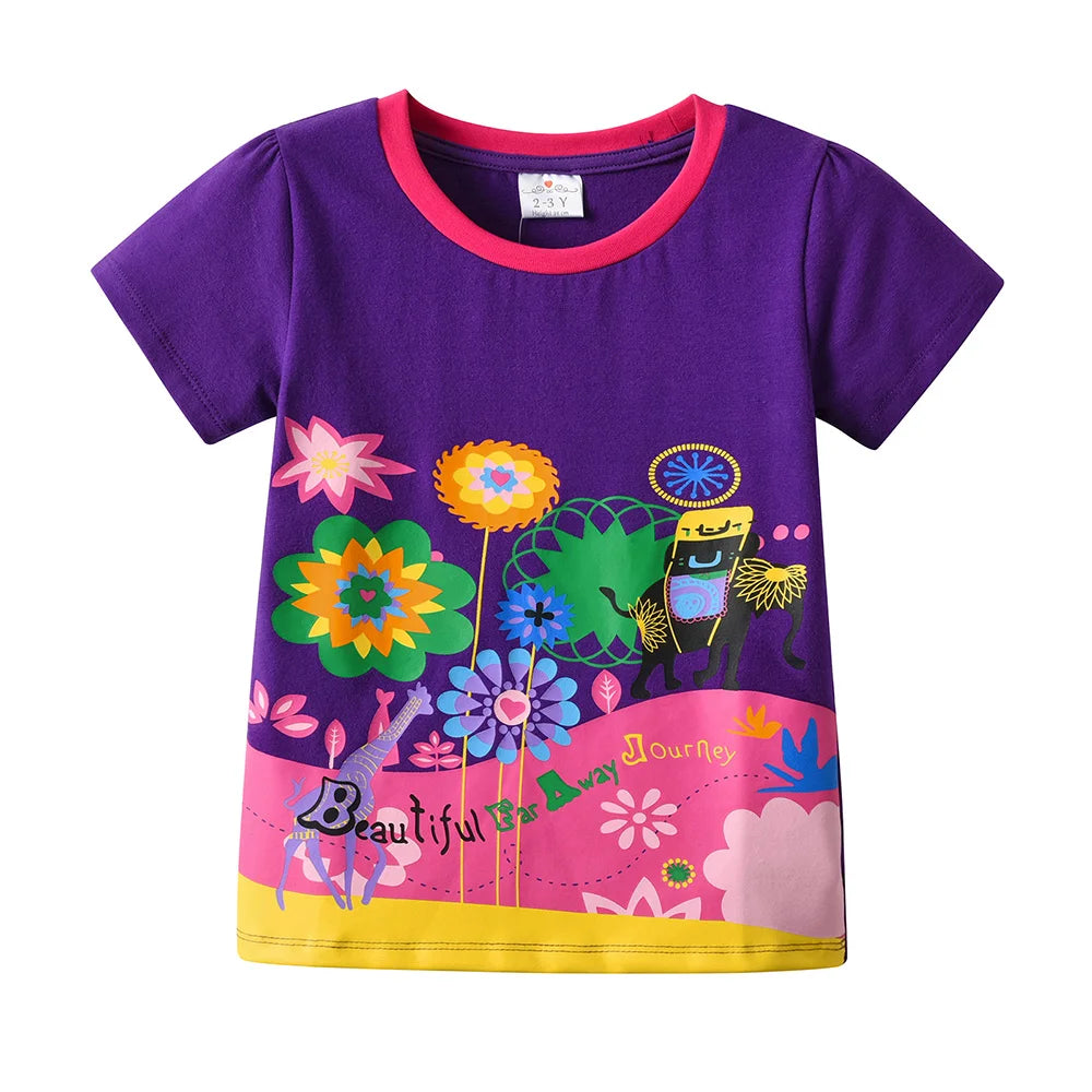 Kids Purple Floral Print Short Sleeve T Shirt Kids Cotton Casual Animal Print Tops and Tees Toddlers Casual Outdoor Trips Wear