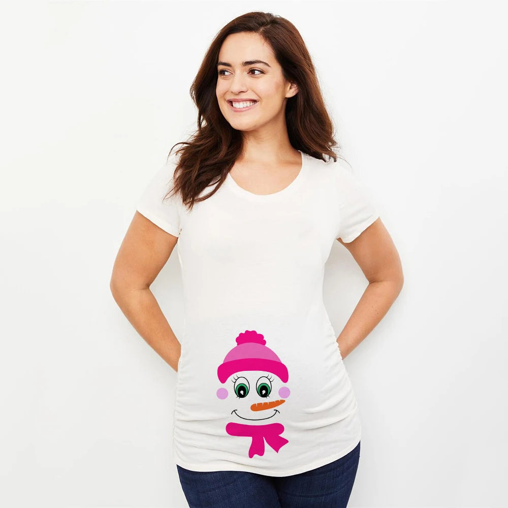 Christmas Pregnant Women T-shirt Snowman Cartoon Printed T Shirt Pregnancy Announcement Clothes Maternity White Short Sleeve Top