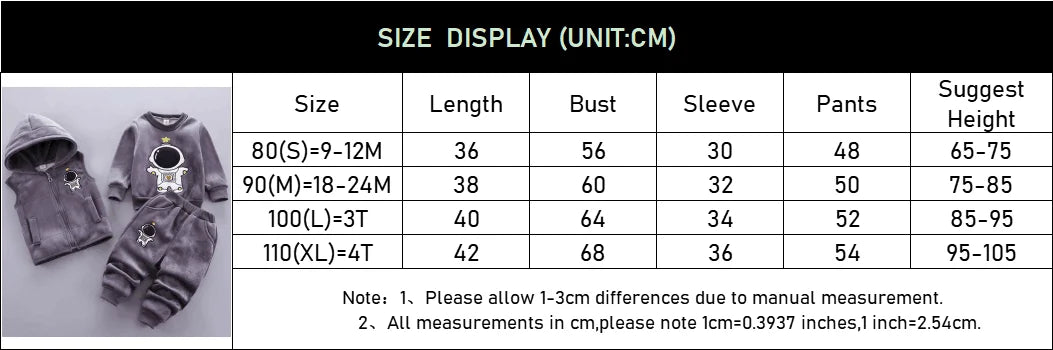 Baby Boys Clothes Sets Autumn Winter Thick Fleece Astronaut Hooded Vest Coat Pants 3Pcs for Kids Casual Outfits Girls Warm Suit