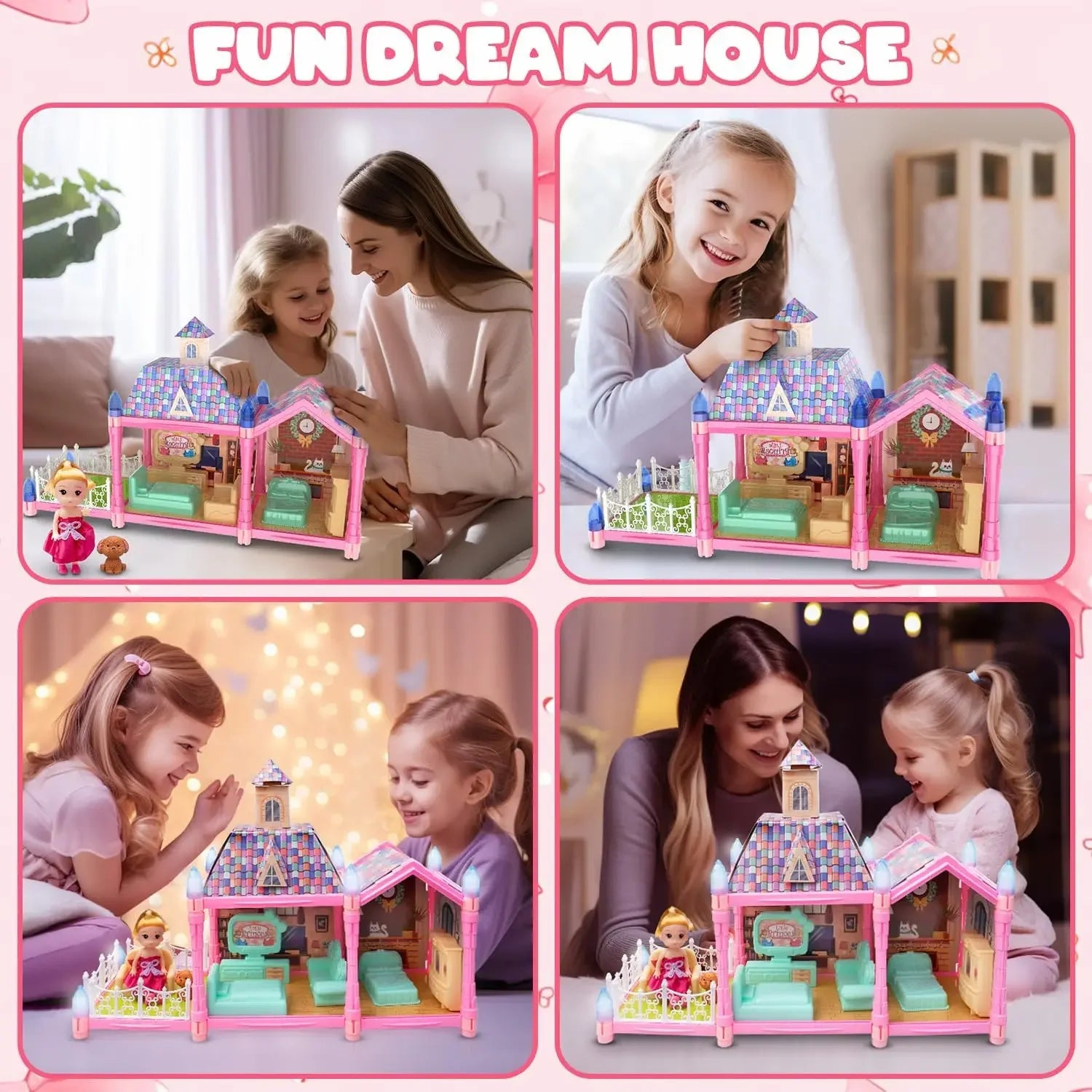 Luminous Doll House Dreamhouse for Girls Princess Playhouse Set with Dolls Furniture Accessories Pretend Play Birthday Gifts