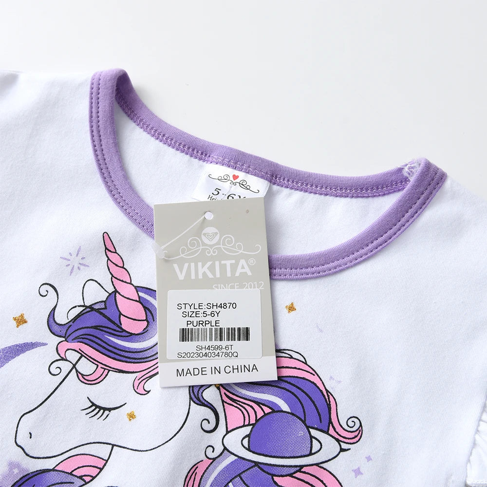 VIKITA Summer Kids Dresses Flying Sleeve Unicorn Children Dress Cartoon Print Tutu Girls Dress  Baby Irregular Party Clothing
