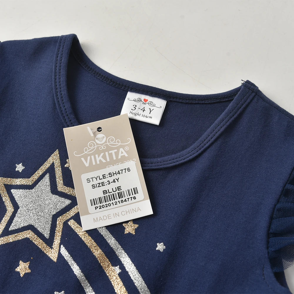 VIKITA Toddlers Flare Sleeve Summer Dress Kids Star Print Mesh Tulle Glitter Sparkling Festival Birthday Party Elegant Dress 5Y