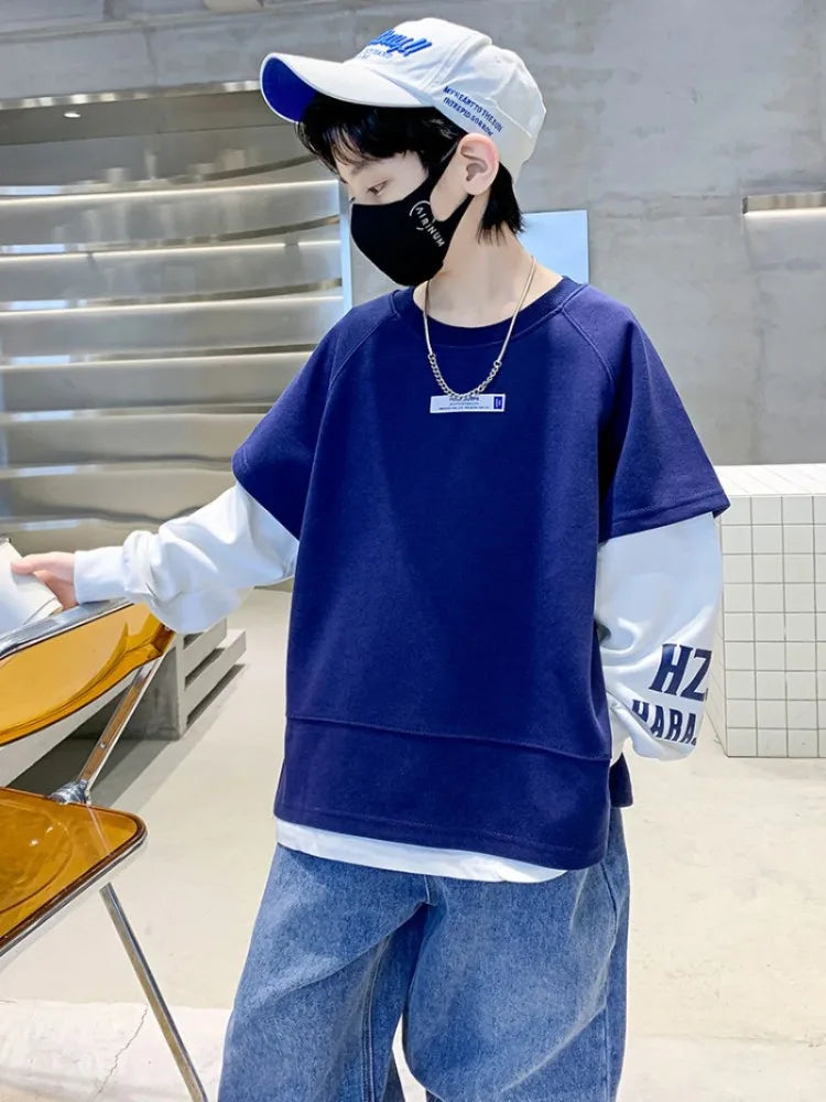 Fake Two Pieces Top Clothes for Children Kids T-shirts Children's Clothing Boys Spring Autumn Oversized T-shirt Boys' Outdoor