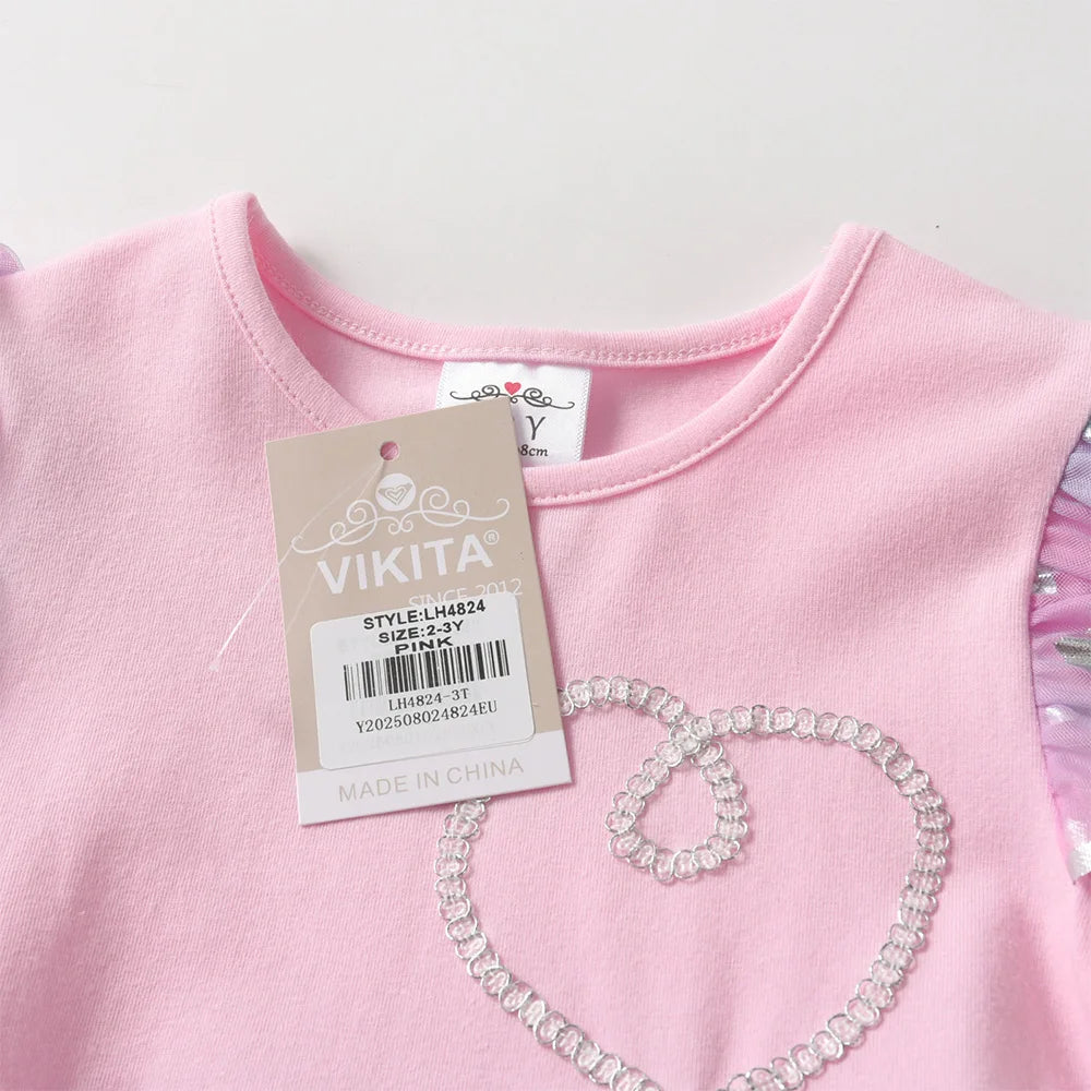 VIKITA 2025 Kinderkleidung Mädchen Herbst Frühling Langarm Rosa Kleid Kinder Herzform Mesh Tüll Prinzessin Party Sternenkleider