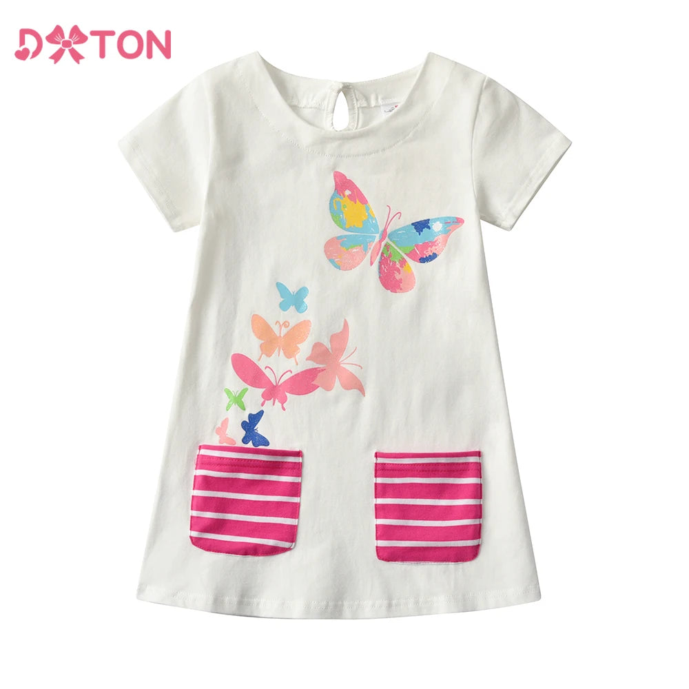 DXTON Summer Children Dresses For Girls Short Sleeve Kids Dresses with Pocket Butterfly Printed Girls Casual Cotton Clothing