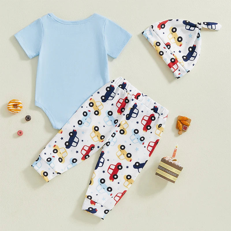 Toddler Boy Birthday Clothes Short Sleeve One Print Romper Car Pattern Long Pants Hat 3 Piece Outfit Set for Boys
