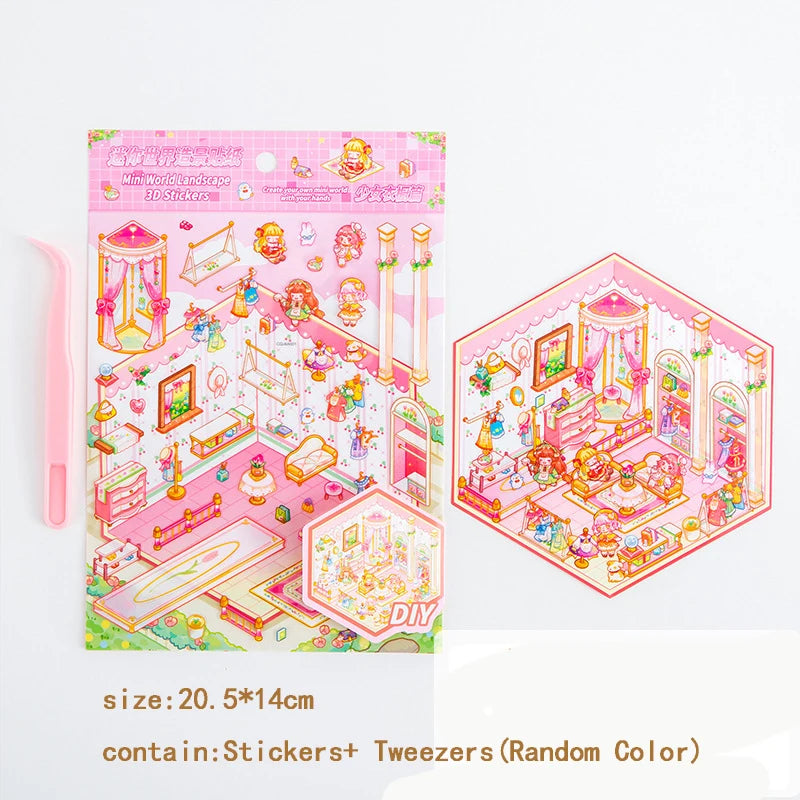DIY 3D Sticker+Tweezers Cartoon Pocket Princess Room Scene Stacking and Pasting Festival Birthday Gift for Kid Child Student