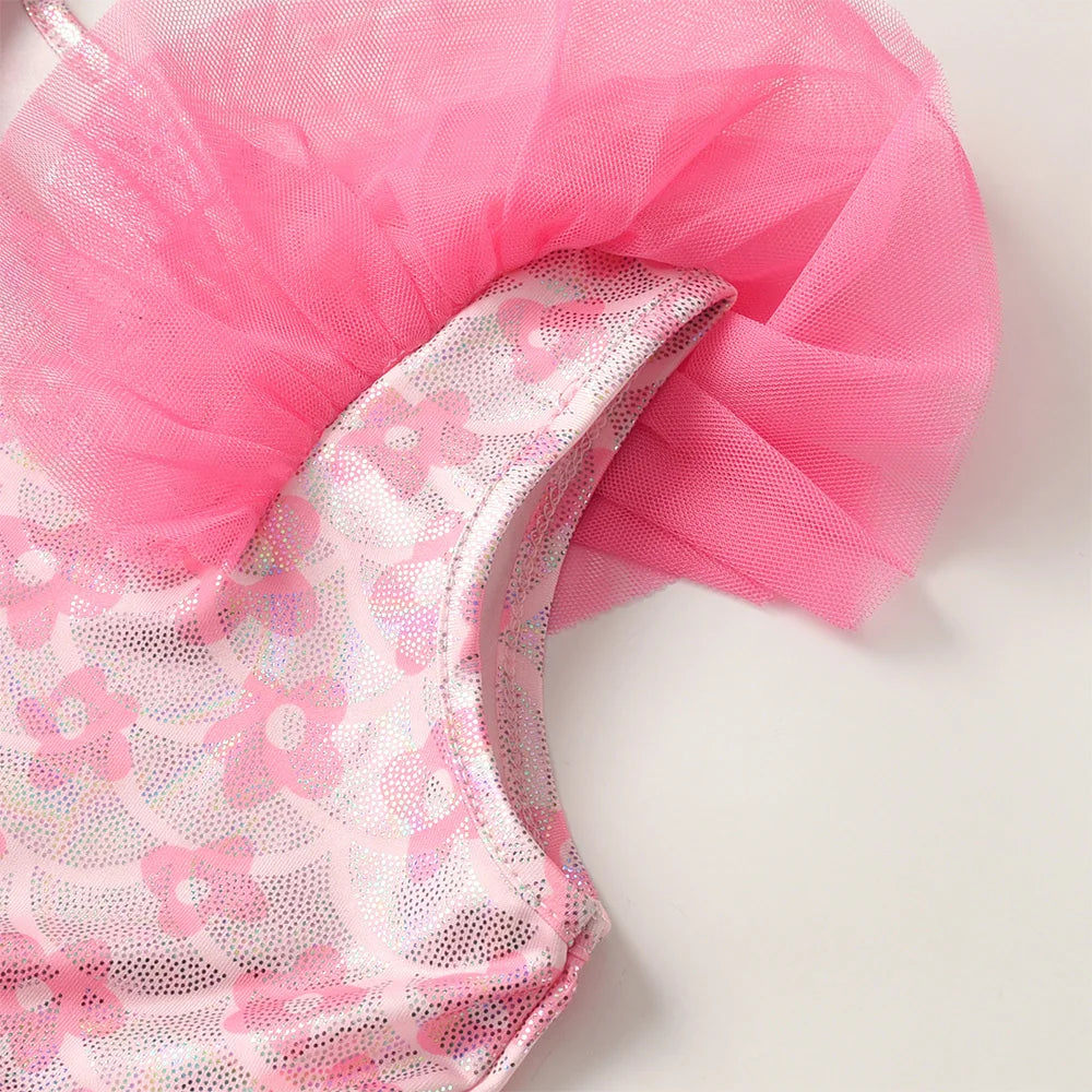 VIKITA Kids Pink Cute Princess Dress Kids Flare Sleeve Flower Print Summer Vestidos Kids Polyester Layered Cake Prom Gown Dress