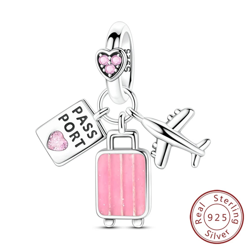 Pink Series Original 925 Sterling Silver Charm Bead Travel Airplane Pendant Fit Original Bracelet Necklace For Women DIY Gift