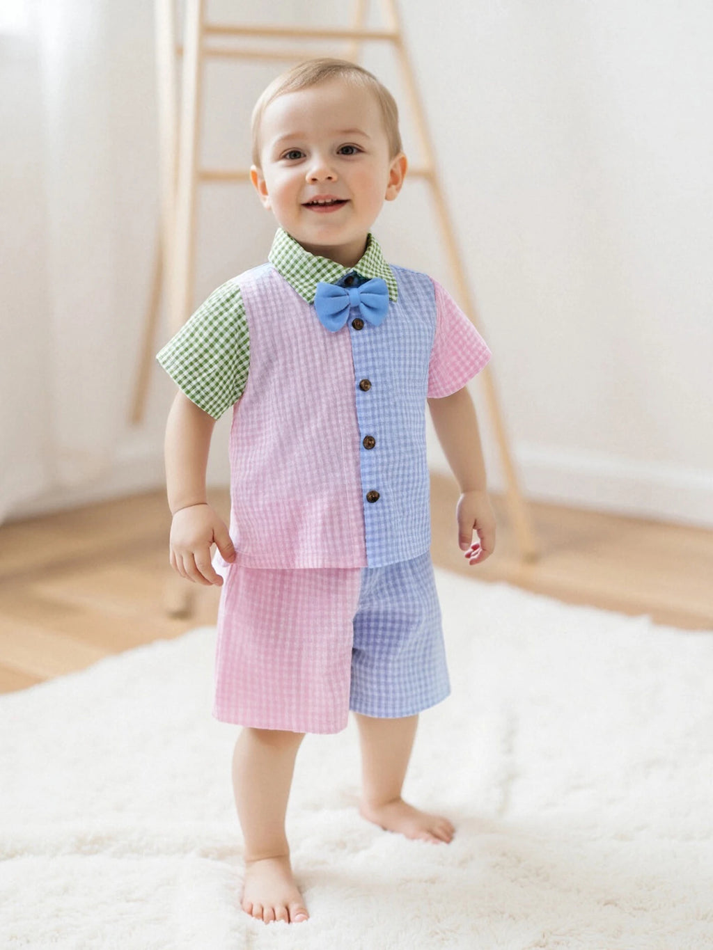 Toddler Boys Summer Outfit Striped Short Sleeve Shirt with Drawstring Waist Shorts Set Kids Casual Plaid Clothing