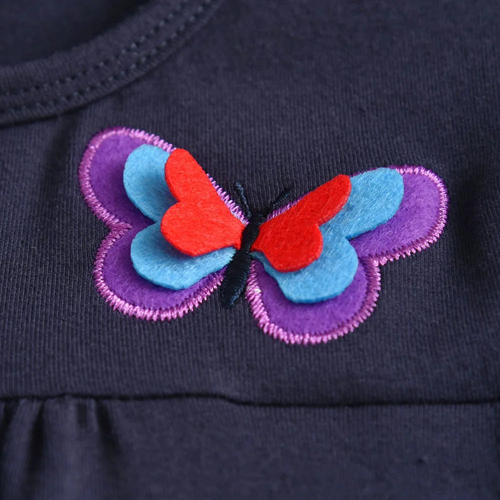 VIKITA Toddlers Flare Sleeve Summer Dress Kids 3D Butterfly Embroidery Cotton Casual Dress with Pockets Kids Daily Casual Wear