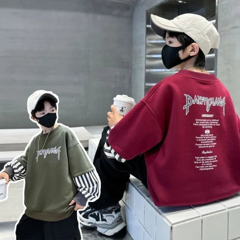 Boys' Medium-Large 2025 New Arrival No Hood Long Sleeve Fake Two-Piece Loose Fit Stylish Sweatshirt for Spring