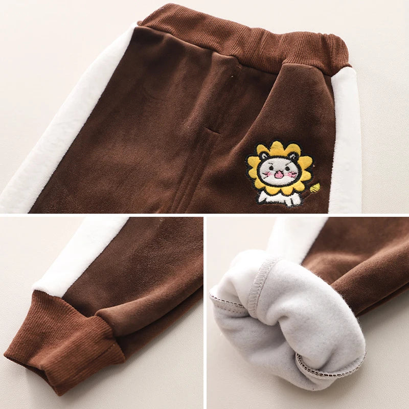 Baby Boys Clothing Set Autumn Winter Cartoon Lion Fleece Thick Hooded Jacket Coat Pants 3Pc Suit for 1-4 Years Kids Warm Outfits
