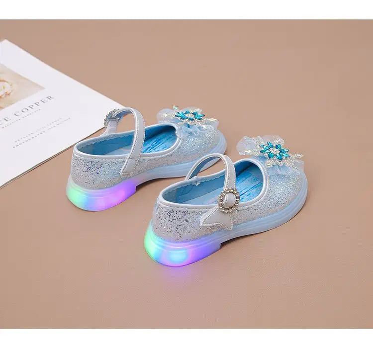 Disney Children's High Heel Princess Elsa Party LED Light Shoes Summer Girls Sandals Baby Girls' Crystal Blue Pink Shoes 23-34