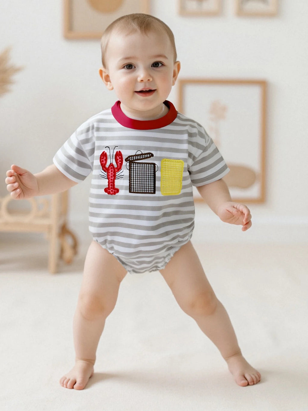 Toddler Boy Casual Striped Romper with Short Sleeves and Cute Lobster Embroidery Round Neck Summer Jumpsuit for Baby Boys