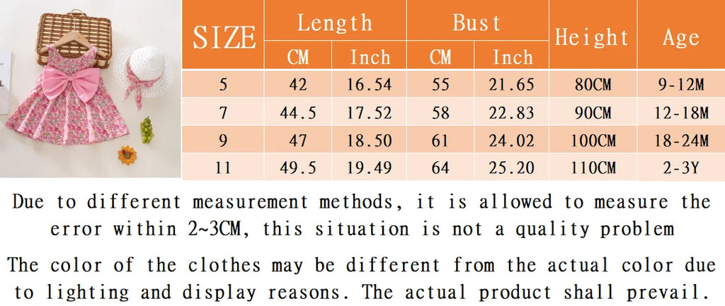 Summer New Floral Baby Girl Dress, Sweet Rose Red Bow Children'S Clothing With Free Hat For Babies Aged 9 Months To 3 Years