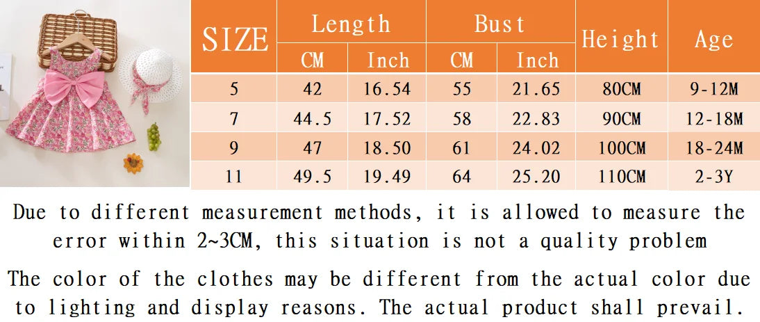 Summer New Sweet Bow Baby Girl Dress, Cute Floral Children'S Clothes With Free Hat For Beach Parties (9 Months - 3 Years Old)