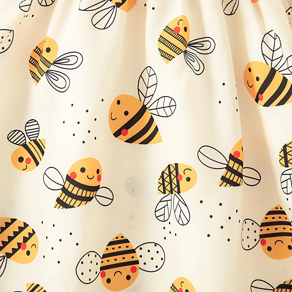 Summer New Yellow Little Fly Sleeve Baby Girl Dress, Cartoon Bee Print Children'S Sleeveless Clothes+Bow Headband (0-3 Years)