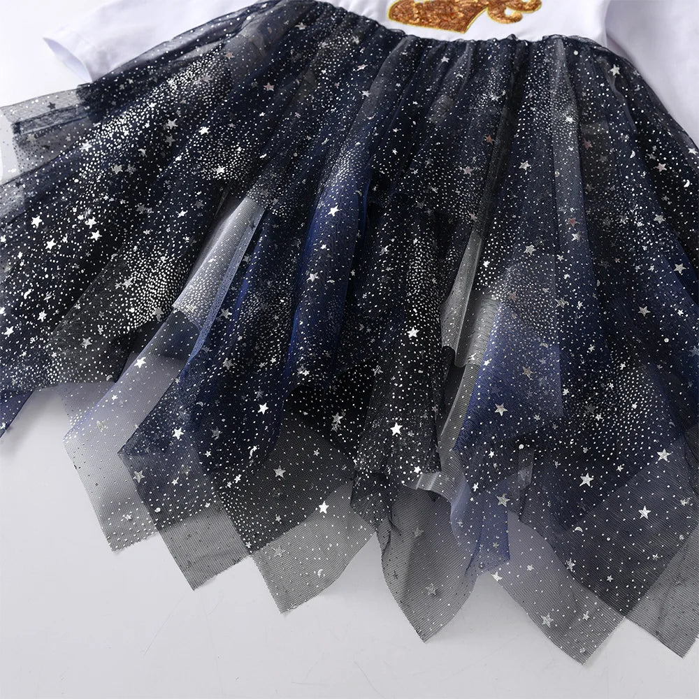 VIKITA Kids Licorne Sequins Appliqued Dress Girls Flare Sleeve Autumn Spring Patchwork Shiny Irregular Tutu Princess Dresses