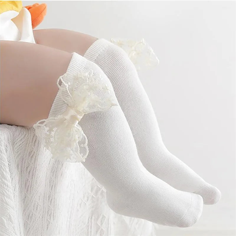 Adorable Baby Girl Knee-High Socks with Lace Bow Detail and Non-Slip Grip - Perfect for Spring and Summer Wear