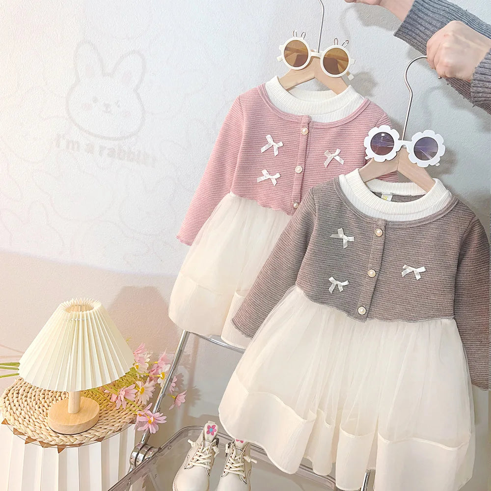 Spring And Autumn New Sweet Bow Baby Girl Dress, Princess Style Children'S Long Sleeved Clothes For Babies Aged 0-3 Years Old