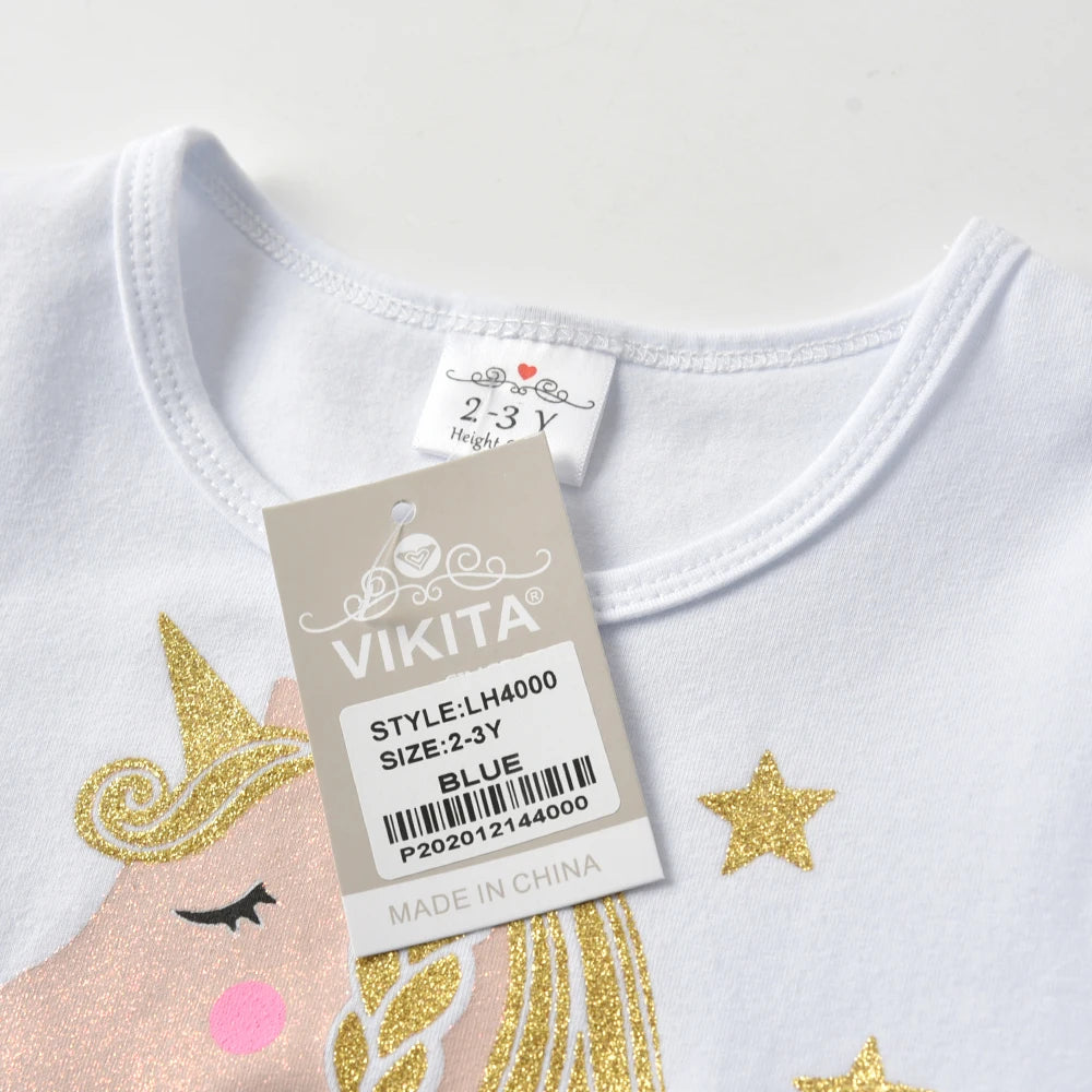 VIKITA Kids Licorne Cartoon Print Dress Girls Flare Sleeve Autumn Spring Winter Vestidos Girls Princess Mesh Tulle Party Dress