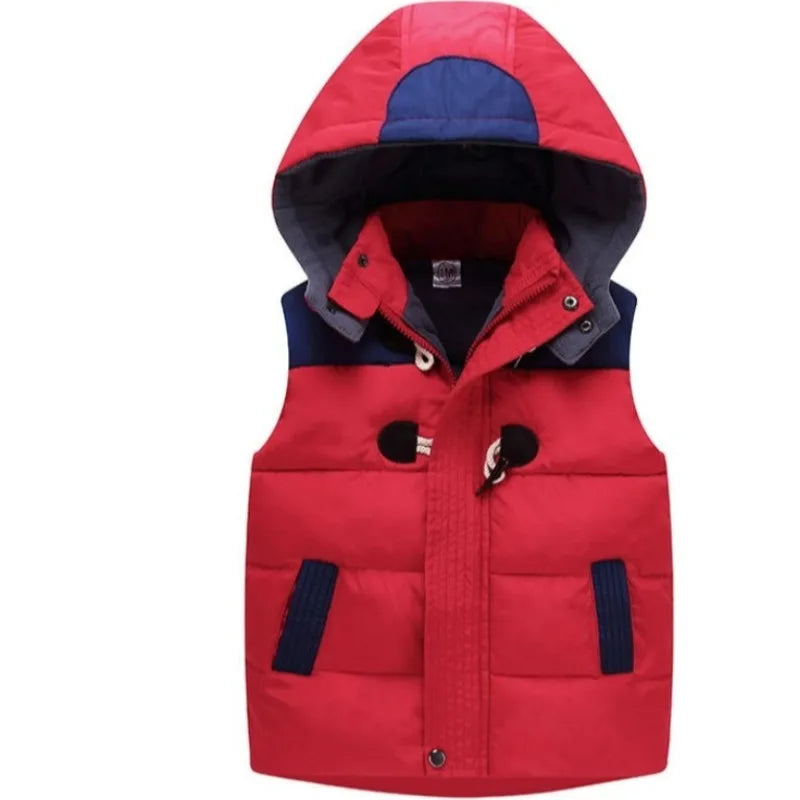 Kids' Autumn Winter Thickened Cotton Hooded Vest with Detachable Hood Soft Lambswool Lined Stand Collar Outerwear for Boys