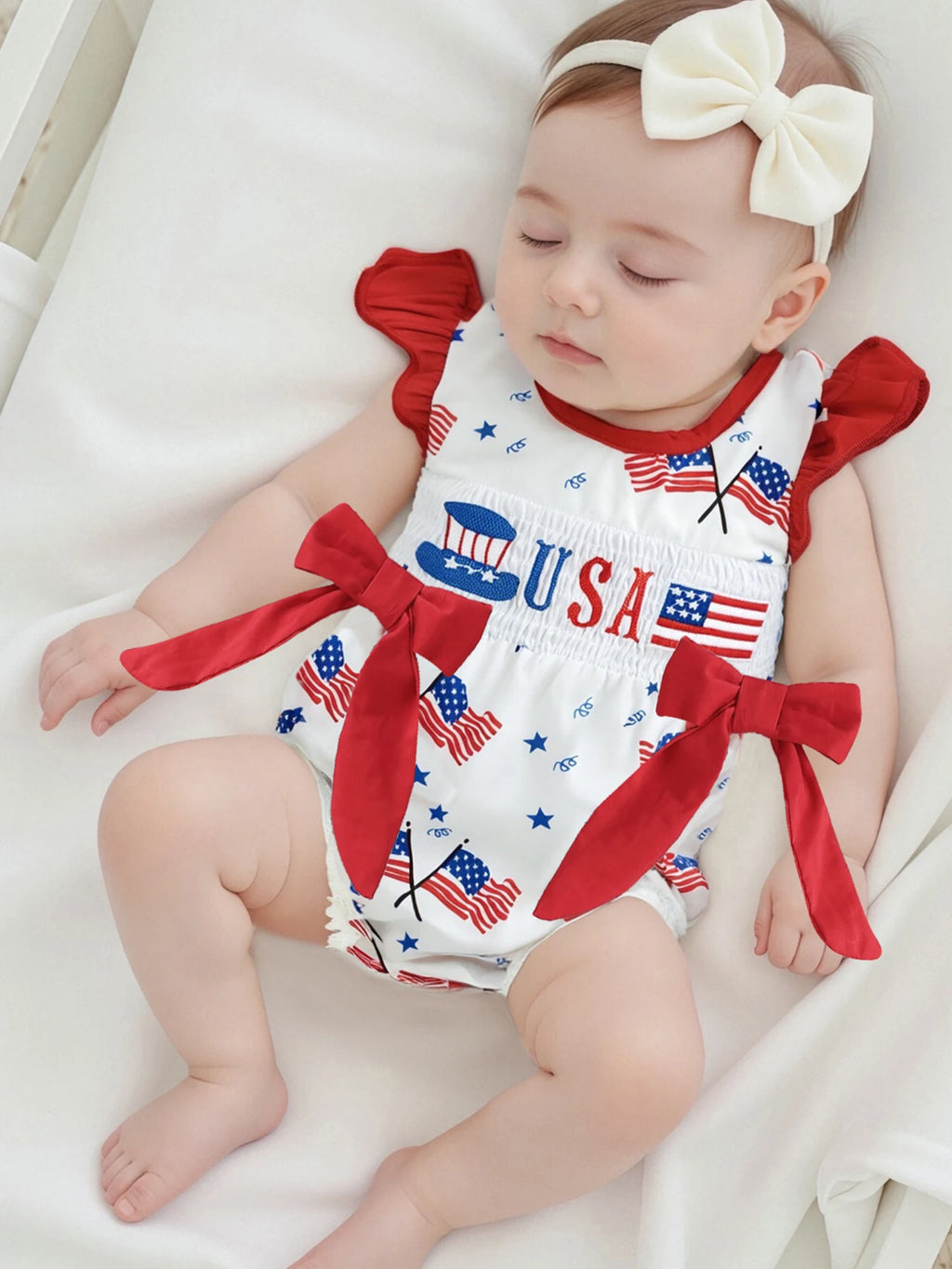 Toddler Girls Patriotic Sleeveless Romper with Ruffled Hem and American Flag Print for 4th of July Celebration