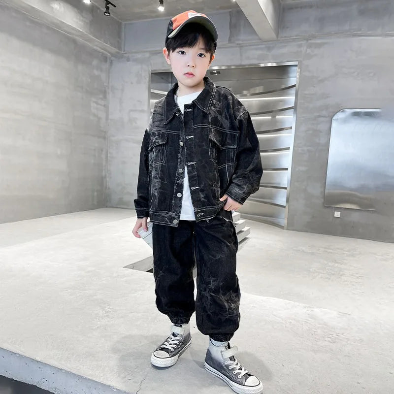 2025 New Boys' Medium & Large Size Denim 2-Piece Set Stylish Korean Trendy Spring Autumn Outfit