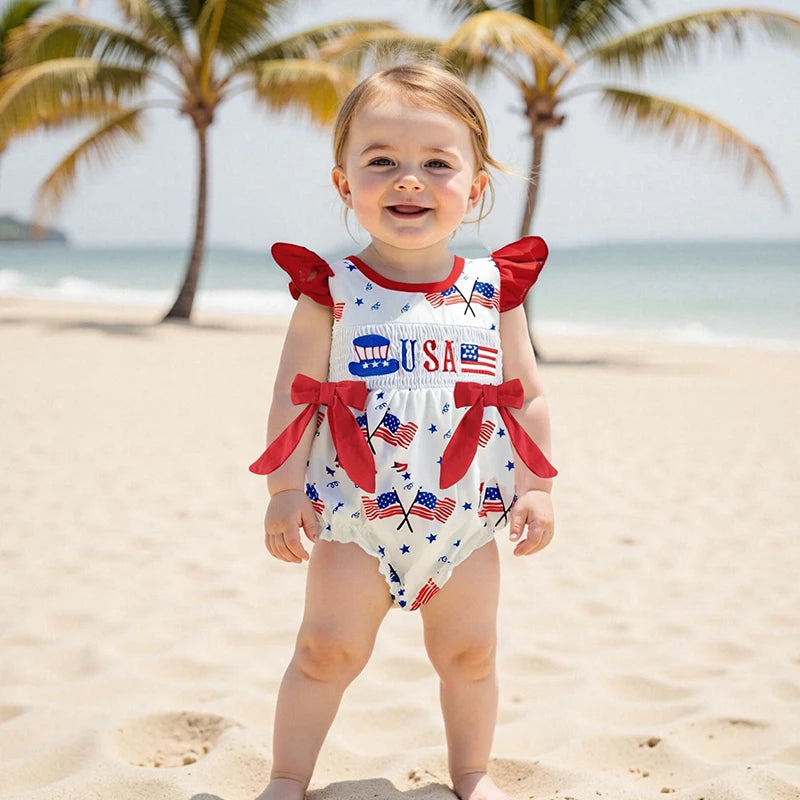Toddler Girls Patriotic Sleeveless Romper with Ruffled Hem and American Flag Print for 4th of July Celebration