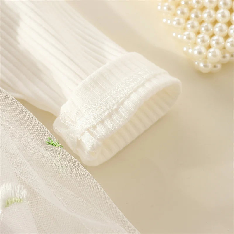 Spring And Autumn New Floral Chiffon Baby Girl Princess Dress, White Long Sleeved Children'S Clothing For Babies Aged 0-3 Years