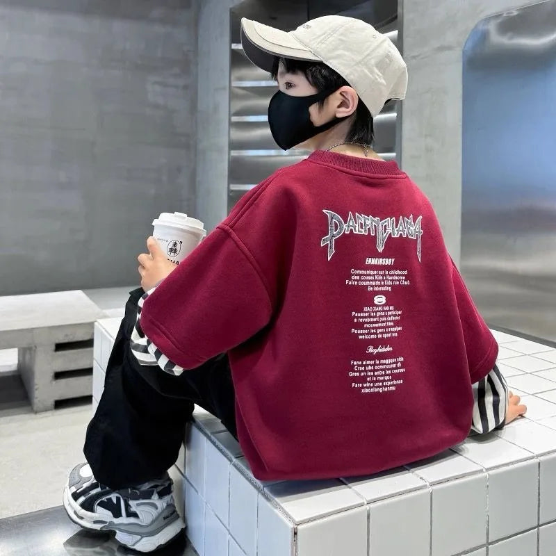 Boys' Medium-Large 2025 New Arrival No Hood Long Sleeve Fake Two-Piece Loose Fit Stylish Sweatshirt for Spring