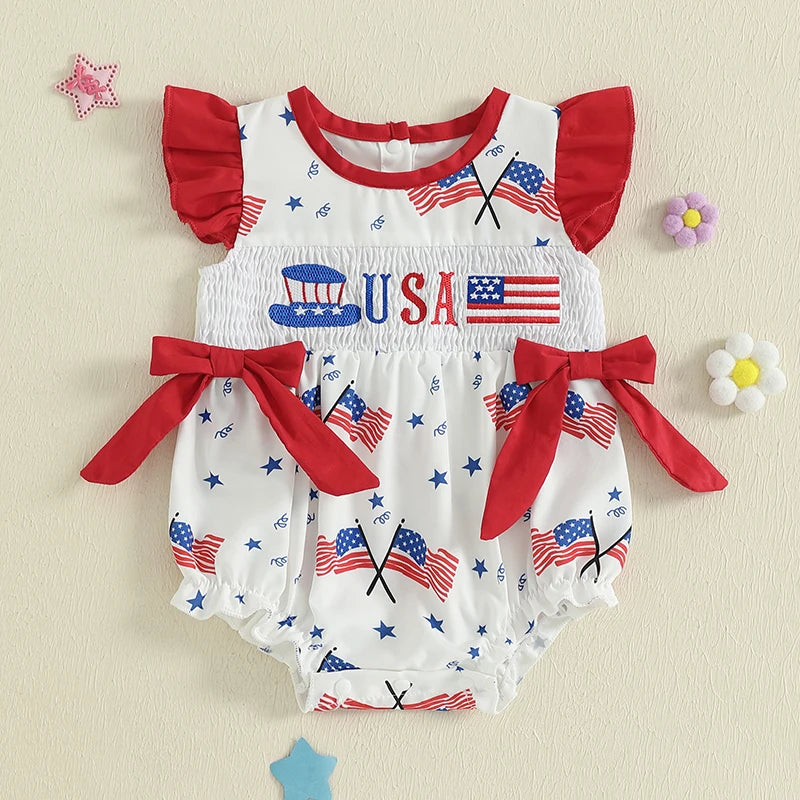 Toddler Girls Patriotic Sleeveless Romper with Ruffled Hem and American Flag Print for 4th of July Celebration