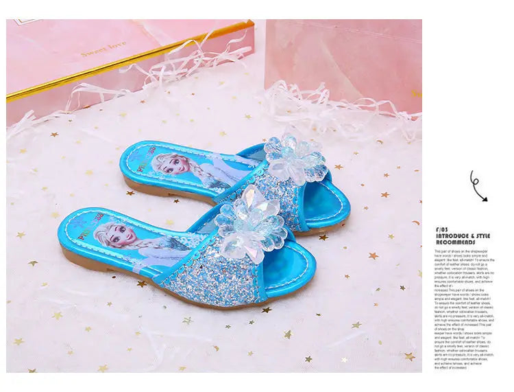 Disney Children's Sandals Frozen Slippers Fashion Elsa Princess Shoes Crystal Flowers Non-slip Blue Pink Silver Girls' Sandals
