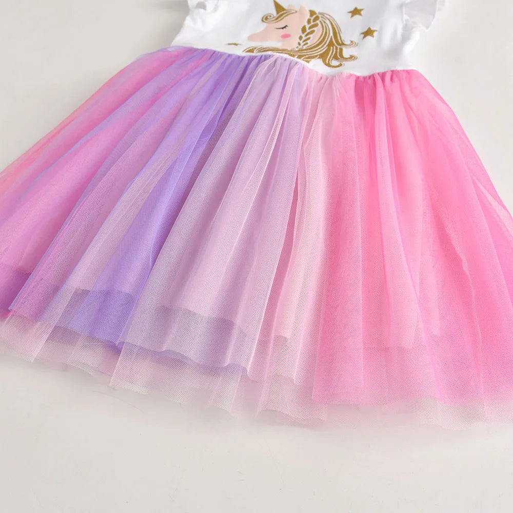 VIKITA Girls Flare Sleeve Summer Vestidos Girls Licorne Print Cartoon Patchwork Dress Girl Party Princess Cute Mesh Tulle Dress