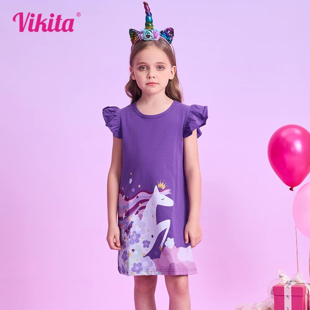 VIKITA Girls Flare Sleeve Summer Dress Kids Cotton Casual Licorne Flower Print Purple Princess Straight Dress Children Clothing