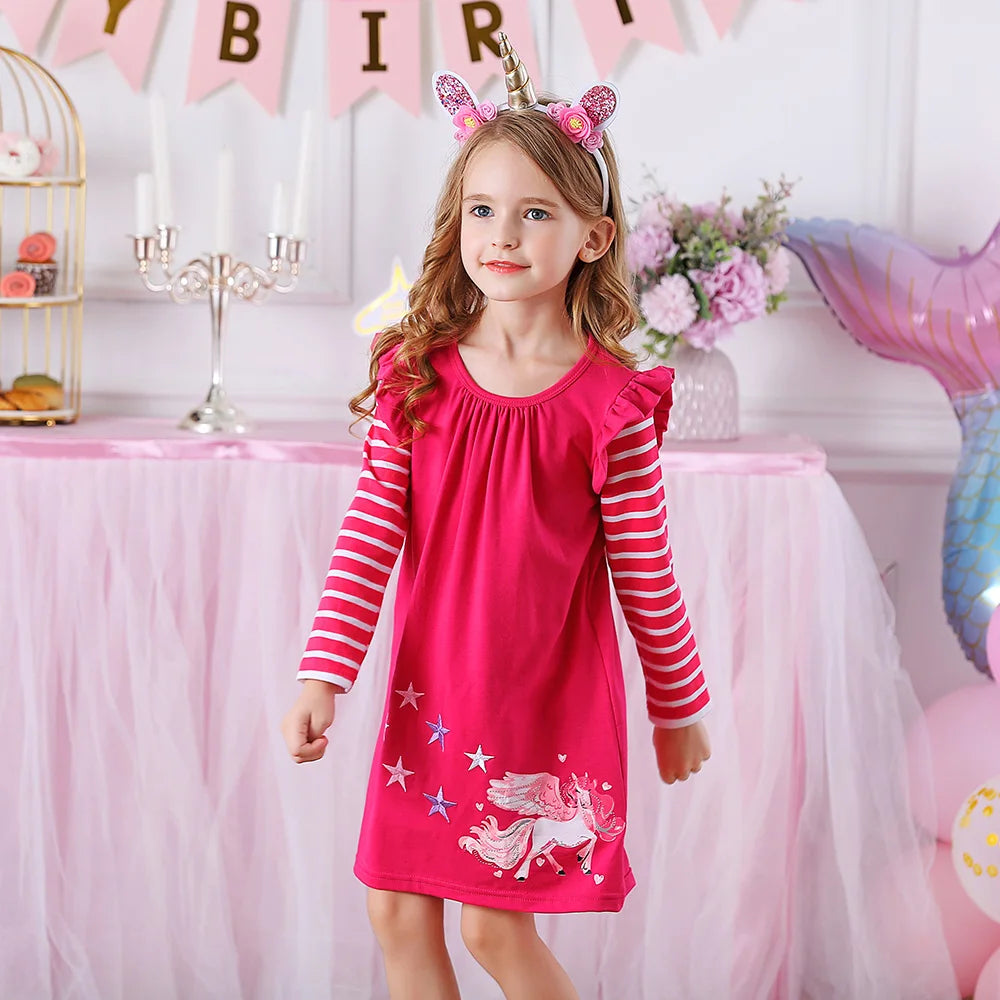 VIKITA Girls Flare Sleeve Autumn Spring Dress Kids Licorne Print Striped Dress Girls Cotton Casual Daily School Straight Dresses