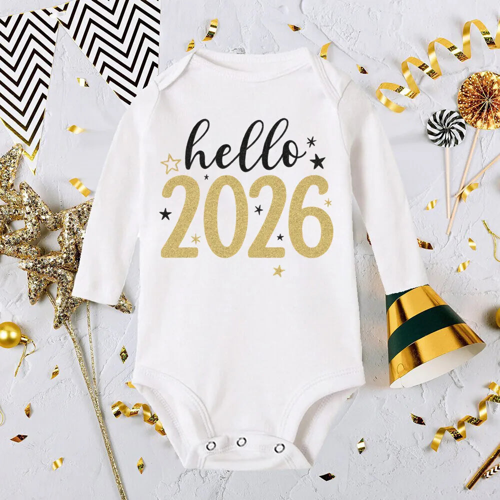 Hello 2026 Inant Romper New Year Baby Gift Toddler Long Sleeve Jumpsuit Boys Girls Clothes Newbron Shower Present