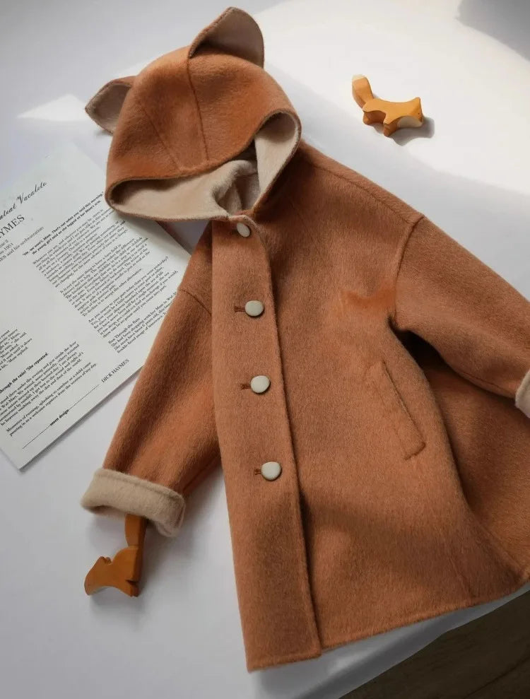 2025 Autumn New Kids Cartoon Cute Fox Wool Coat Thickened Warm Winter Outerwear for Boys Girls Toddler To Teen