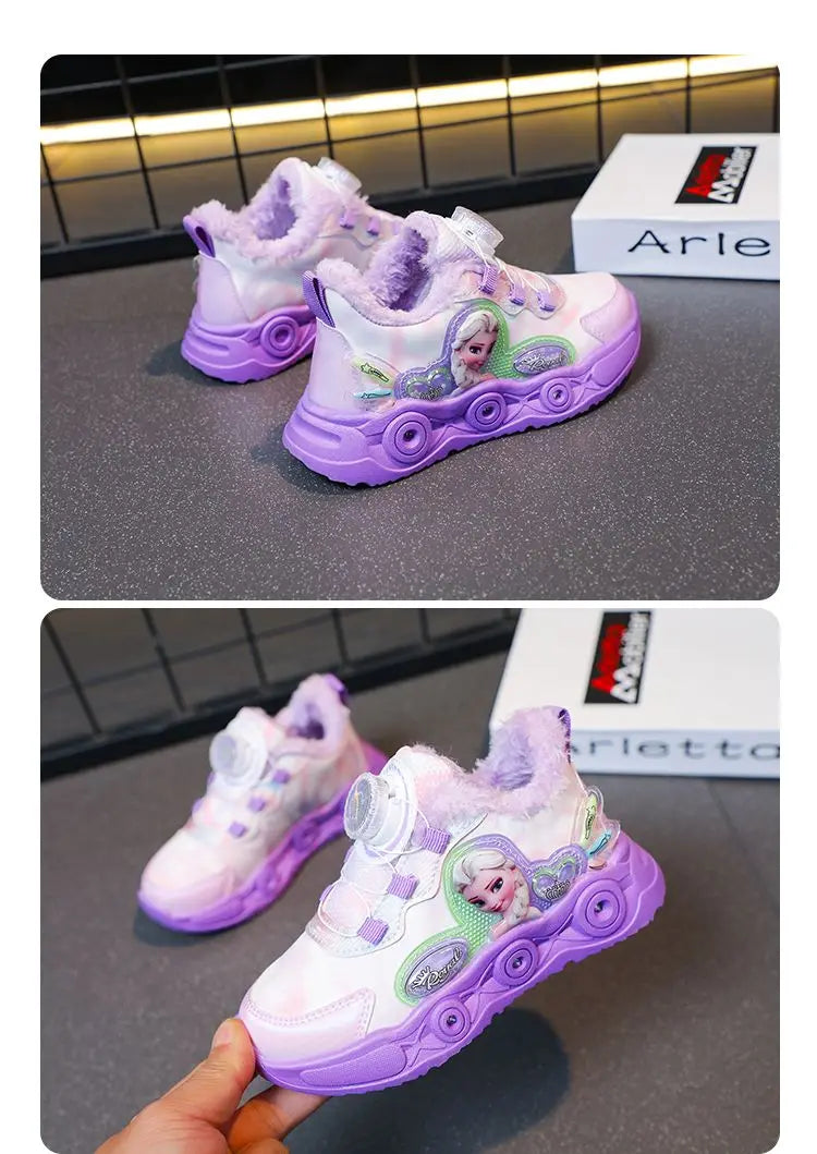 Disney LED Casual Sneakers Pink Purple For Summer Girls Frozen Elsa Princess Print Outdoor Shoes Children Lighted Non-slip Shoes